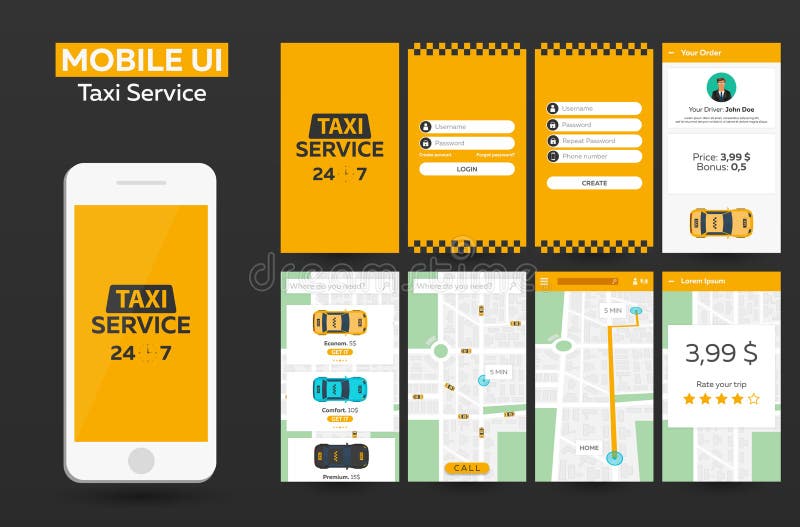 Κινητό app υλικό σχέδιο UI, UX, GUI υπηρεσιών ταξί Απαντητικός ιστοχώρος διανυσματική απεικόνιση Κινητό app υλικό σχέδιο UI, UX, GUI υπηρεσιών ταξί Απαντητικός ιστοχώρος διανυσματική απεικόνιση