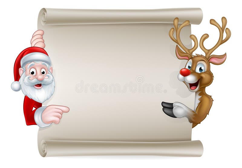 Cartoon Christmas sign with Santa Claus and his reindeer pointing at a scroll banner. Cartoon Christmas sign with Santa Claus and his reindeer pointing at a scroll banner