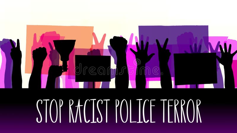 κινούμενα σχέδια με κείμενο που σταματούν την ρατσιστική αστυνομική τρομοκρατία. μαύρα σιλουέτες που κρατούν αφίσες