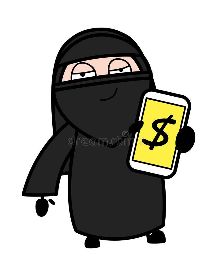 Cartoon Muslim Woman Showing Money in Cell Phone Character Design Illustration. Cartoon Muslim Woman Showing Money in Cell Phone Character Design Illustration