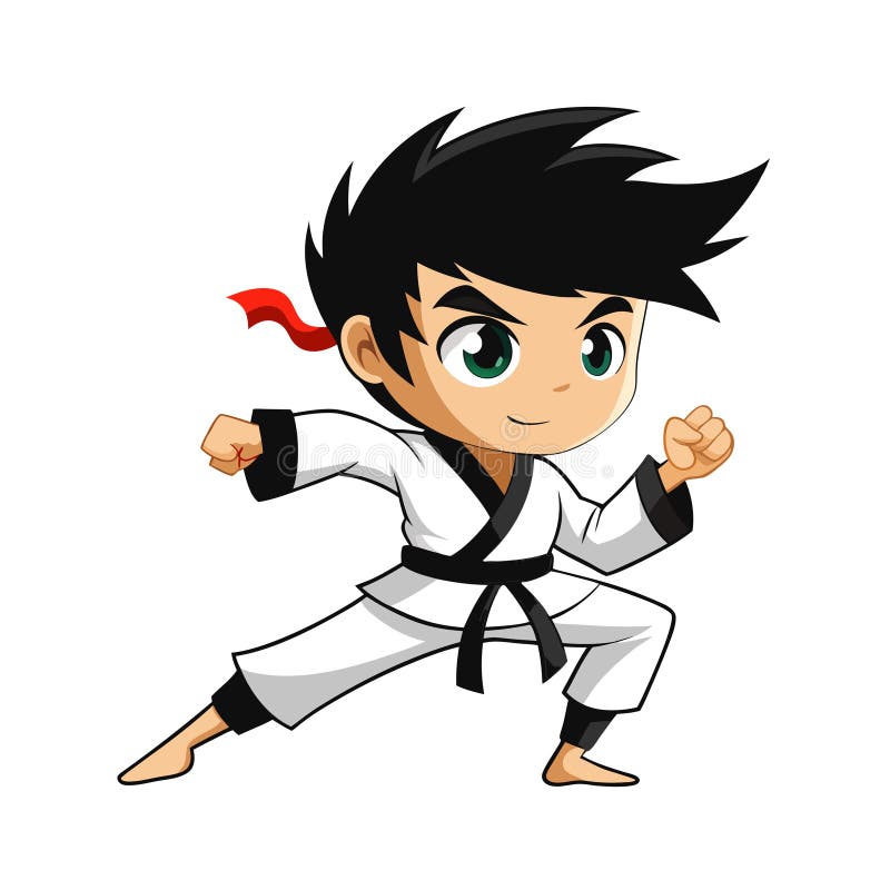 Κινούμενο σχέδιο Karate Kid σε μια στάση μάχης με τη μαύρη ζώνη και την κόκκινη ζώνη διανυσματική απεικόνιση