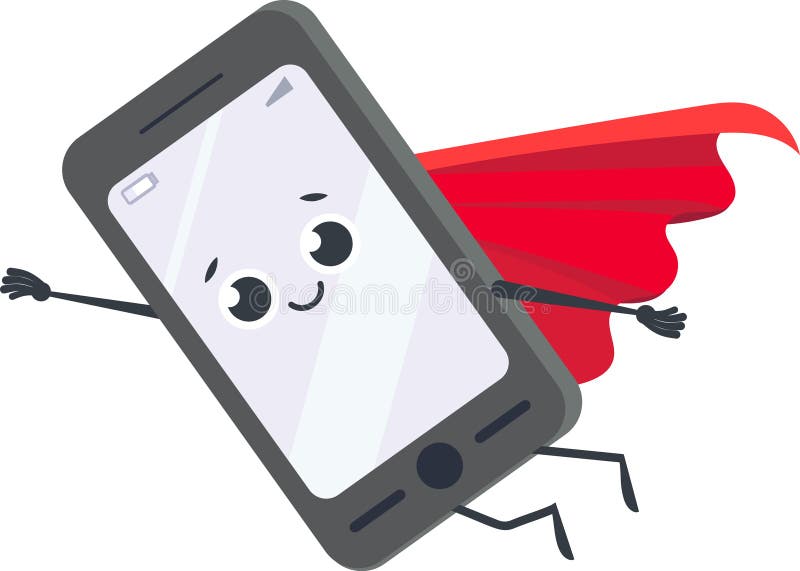 Κινούμενο σχέδιο smartphone με χέρια και πόδια φορώντας κόκκινη κάπα και πετώντας σαν υπερήρωας αστείος και χαριτωμένος χαρακτήρας ελεύθερη απεικόνιση δικαιώματος