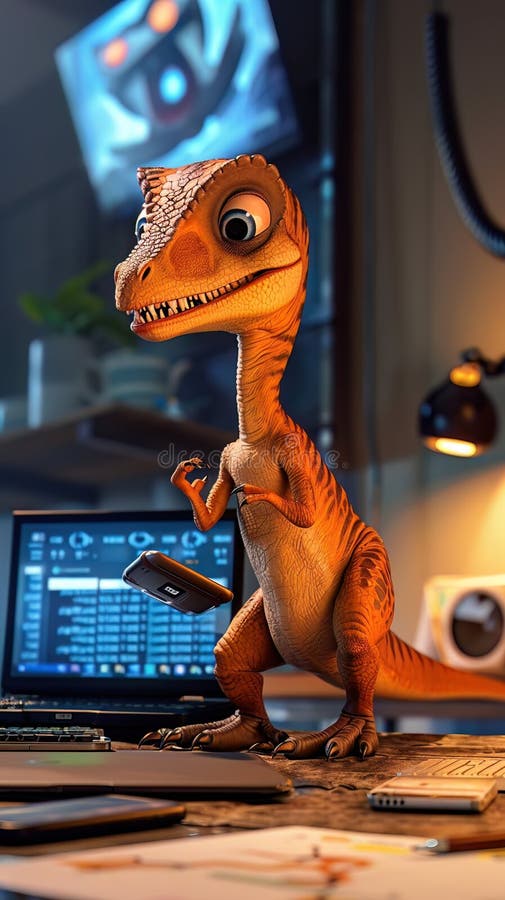 κινούμενος χαρακτήρας του velociraptor ως τεχνολογικός πρέσβης που παρουσιάζει νέα gadget και καινοτομίες με παιχνιδιάρικο τρόπο διανυσματική απεικόνιση