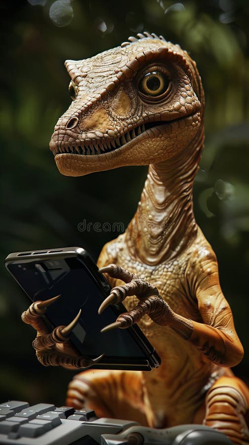 κινούμενος χαρακτήρας του velociraptor ως τεχνολογικός πρέσβης που παρουσιάζει νέα gadget και καινοτομίες με παιχνιδιάρικο τρόπο διανυσματική απεικόνιση