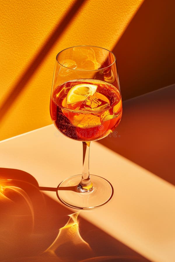 Warm sunlight casts dynamic shadows over an orange-infused drink in a glass, evoking a refreshing summer vibe. AI generated. Warm sunlight casts dynamic shadows over an orange-infused drink in a glass, evoking a refreshing summer vibe. AI generated