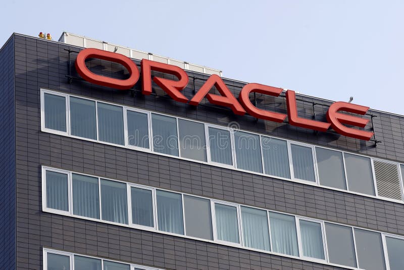 Oracle logo and firm is displayed at the company's headquarters. Oracle logo and firm is displayed at the company's headquarters