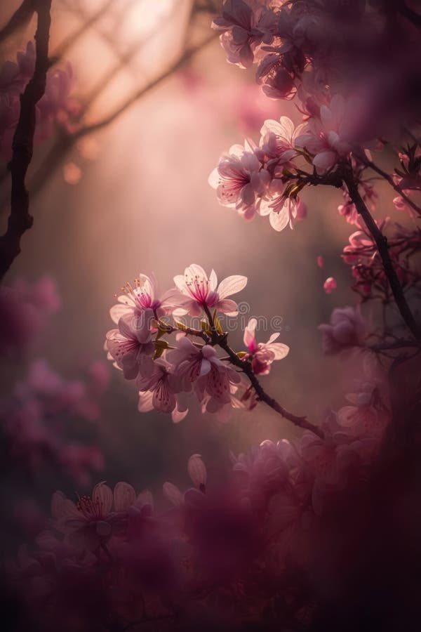 Beautiful blooming sakura tree branches. Spring nature. Delicate pink flowers macro. The morning sun shines softly through the mist. Japanese cherry blossoms. Generative AI AI generated. Beautiful blooming sakura tree branches. Spring nature. Delicate pink flowers macro. The morning sun shines softly through the mist. Japanese cherry blossoms. Generative AI AI generated