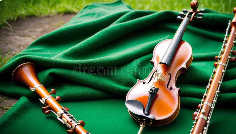 A violin and woodwind instruments rest on a lush green fabric, capturing the elegance of classical music elements in nature.. AI Generation AI generated. A violin and woodwind instruments rest on a lush green fabric, capturing the elegance of classical music elements in nature.. AI Generation AI generated