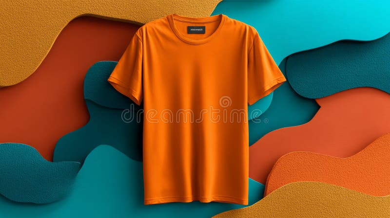 Κλασικό 3D Mockup Πορτοκαλί T-Shirt σε Πολύχρωμο Φόντο με Στοιχεία Σχεδίασης απεικόνιση αποθεμάτων