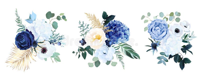 κλασικό μπλε λευκό τριαντάφυλλο λευκό hydrangea ranunculus anemone thististististille λουλούδι πράσινο και eucalyptus ελεύθερη απεικόνιση δικαιώματος