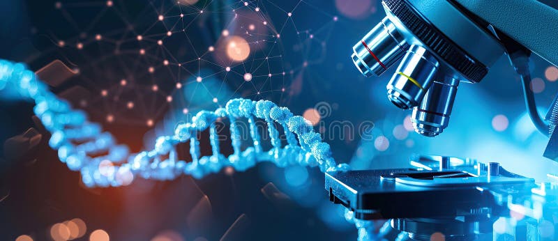 κλείσιμο dna διπλής έλικα με μικροσκόπιο στο εργαστήριο ελεύθερη απεικόνιση δικαιώματος