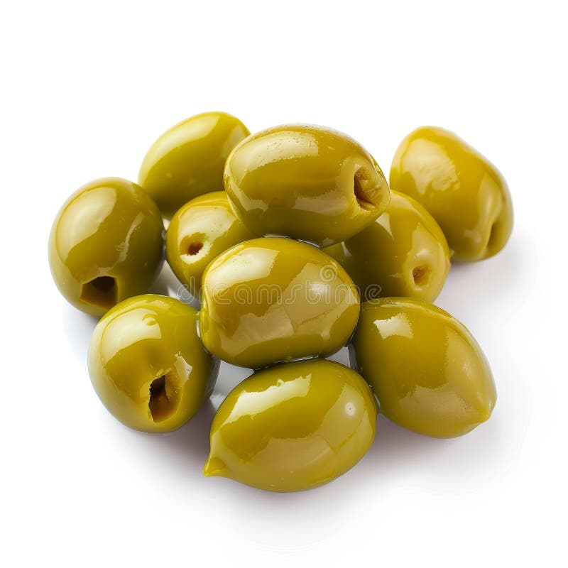 κλείσιμο γυαλιστερών πράσινων ελιών απομονωμένων σε λευκό φόντο, που παρουσιάζουν την φρέσκια γυαλιστερή υφή τους. στοκ εικόνες