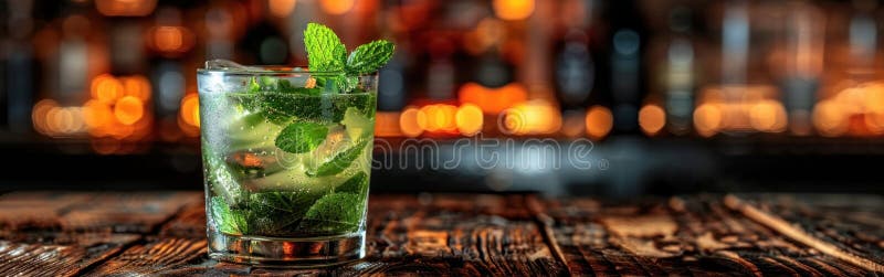 Close-up of a glass filled with a mojito cocktail garnished with fresh mint leaves on a rustic wooden table. AI generated. Close-up of a glass filled with a mojito cocktail garnished with fresh mint leaves on a rustic wooden table. AI generated