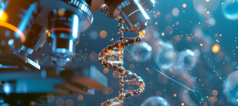 κλείσιμο ενός διπλού ελικοειδούς dna φωτισμένου και μεγεθυμένου κάτω από το φακό ενός πανίσχυρου μικροσκοπίου που δείχνει το περίγ απεικόνιση αποθεμάτων