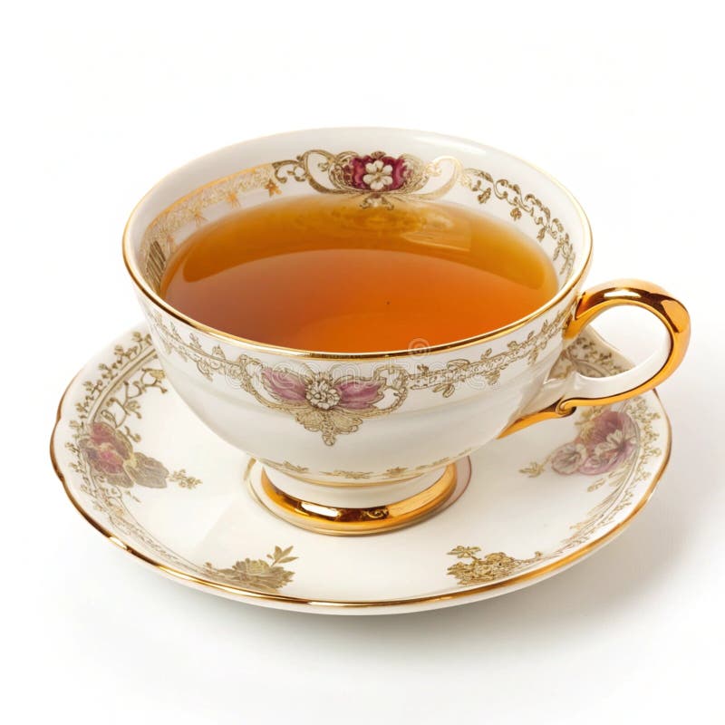 Κλείσιμο ενός κλασικού teacup με ζεστό χρυσό τσάι απομονωμένο σε λευκό φόντο διανυσματική απεικόνιση