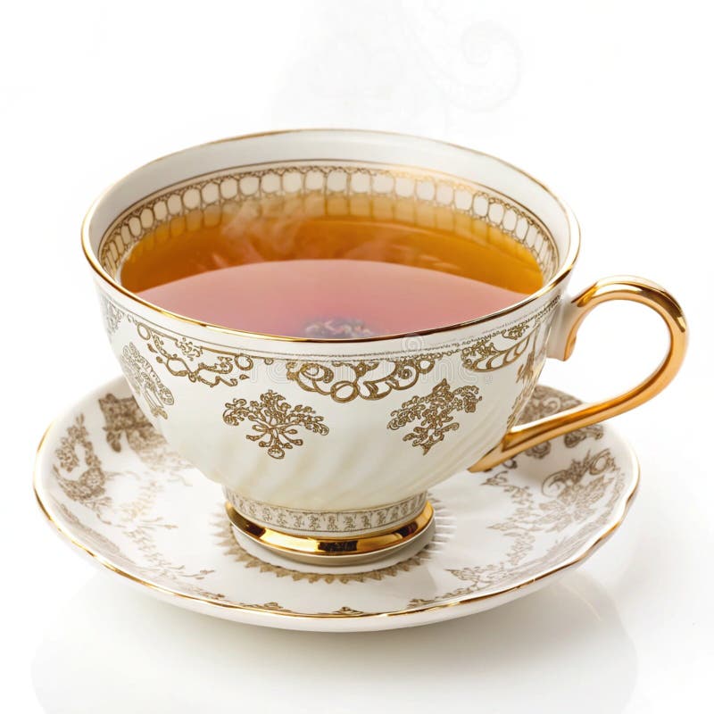 Κλείσιμο ενός κλασικού teacup με ζεστό χρυσό τσάι απομονωμένο σε λευκό φόντο ελεύθερη απεικόνιση δικαιώματος