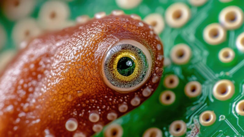 κλείσιμο ενός ματιού gecko σε πλακέτα κυκλώματος που αναμιγνύει φύση και τεχνολογία στοκ εικόνα με δικαίωμα ελεύθερης χρήσης
