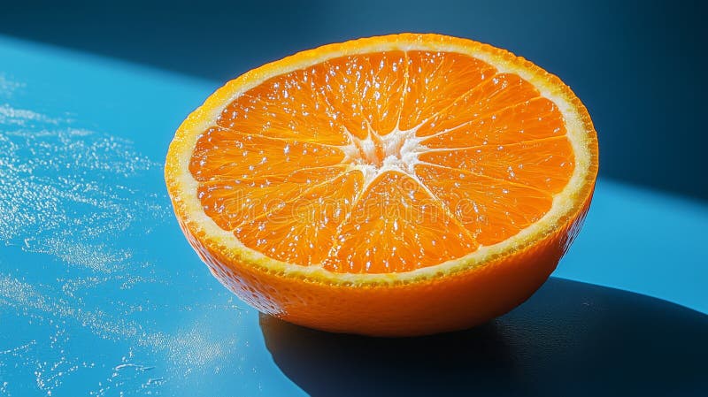 Κλείσιμο ενός νέου πορτοκαλί slice σε μπλε φόντο στοκ εικόνα