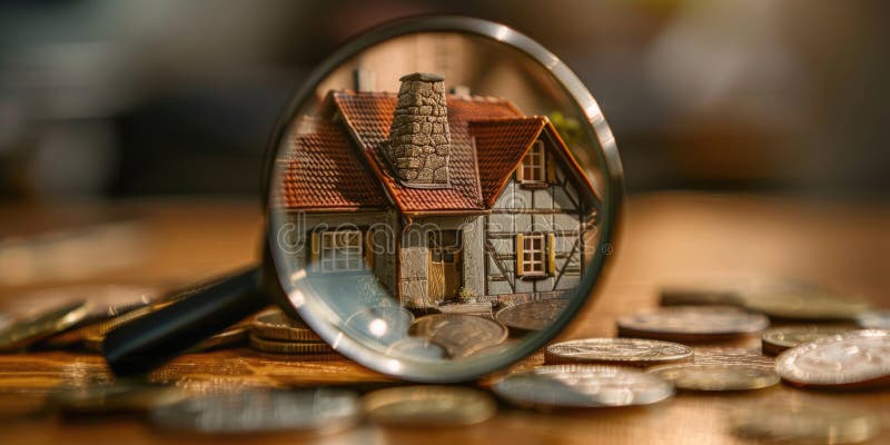 κλείσιμο μεγεθυντικού υαλοπίνακα σε ένα μικρό σπίτι σε ένα τραπέζι retro vintage απεικόνιση αποθεμάτων