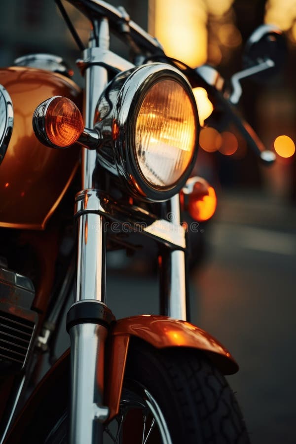 Κλείσιμο μοτοσικλέτας με έντονο πορτοκαλί προβολέα στοκ εικόνα