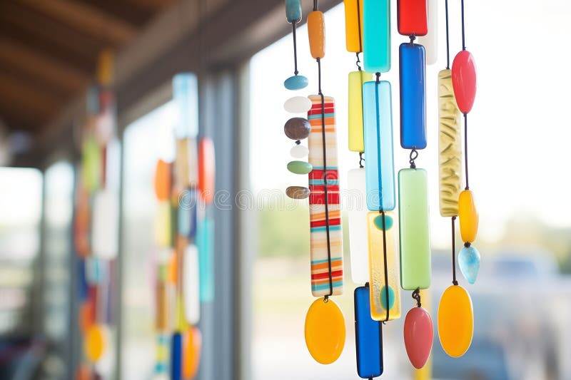 close-up of colorful glass wind chimes hanging on porch, created with generative ai AI generated. close-up of colorful glass wind chimes hanging on porch, created with generative ai AI generated