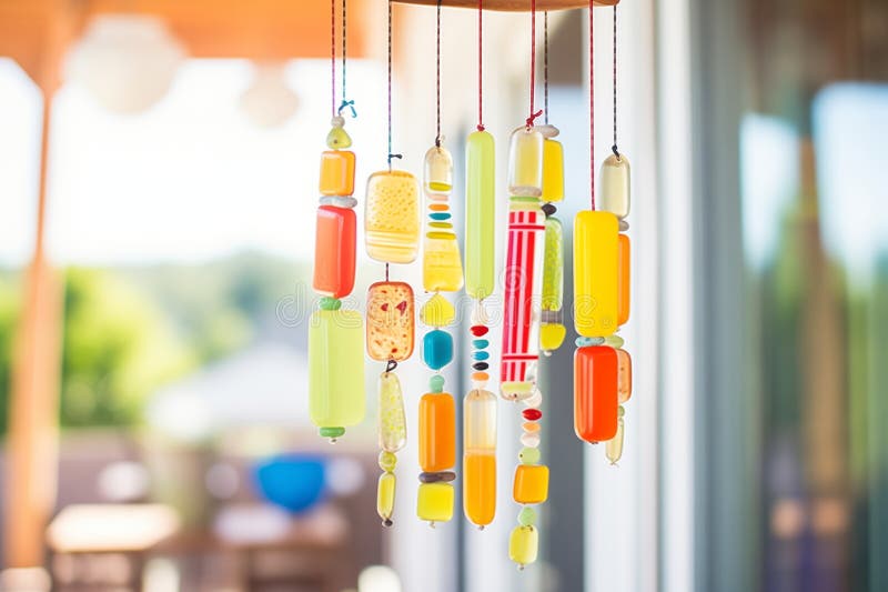 close-up of colorful glass wind chimes hanging on porch, created with generative ai AI generated. close-up of colorful glass wind chimes hanging on porch, created with generative ai AI generated