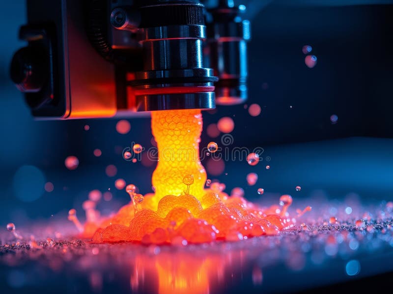 κλείσιμο του ακροφυσίου εκτυπωτή 3d εν δράσει δημιουργώντας φωτεινή πορτοκαλί εκτύπωση ελεύθερη απεικόνιση δικαιώματος