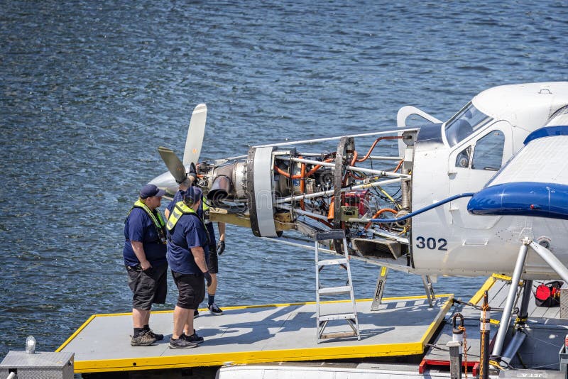 Close up of seaplane engine open for repairs moored at floating terminal in Vancouver, British Columbia, Canada on 1 June 2023. Close up of seaplane engine open for repairs moored at floating terminal in Vancouver, British Columbia, Canada on 1 June 2023