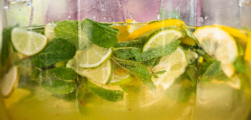 A close-up view of a refreshing mint and citrus infused water, with bubbles clinging to slices of lemon and lime, and fresh mint leaves. A close-up view of a refreshing mint and citrus infused water, with bubbles clinging to slices of lemon and lime, and fresh mint leaves