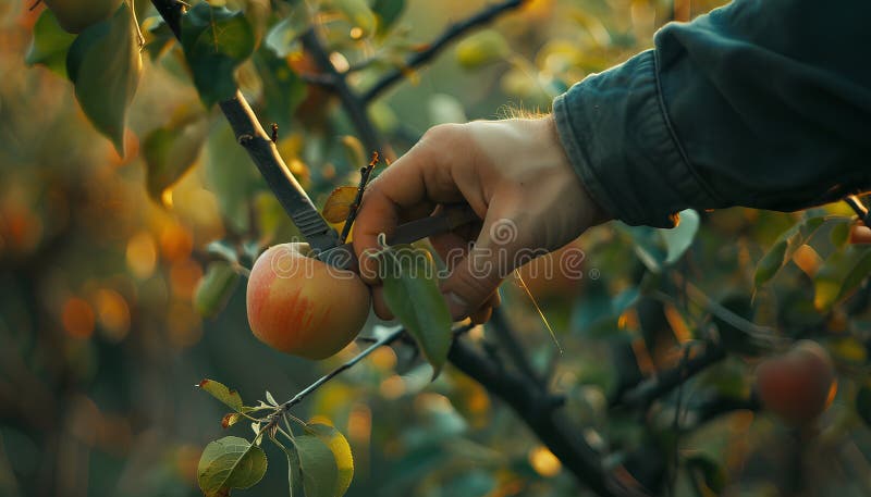 Κλείσιμο του χεριού με την κοπή κλαδιού μηλιάς σε οπωρώνα στοκ εικόνες