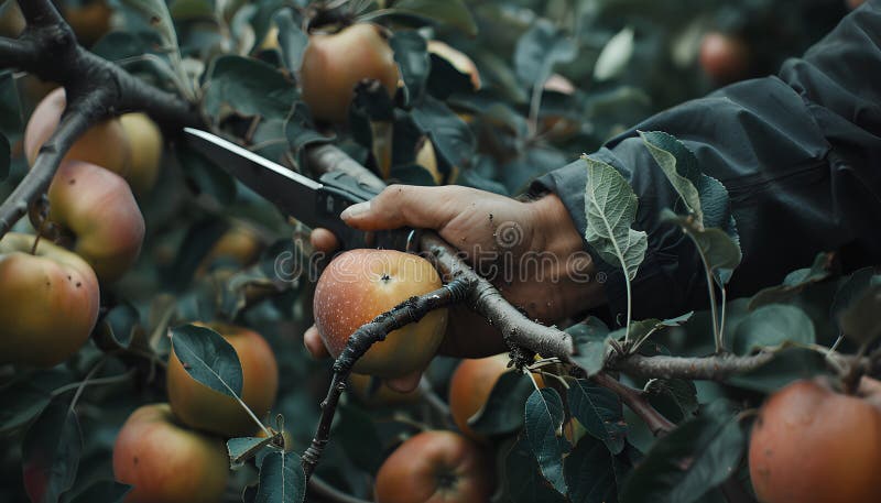 Κλείσιμο του χεριού με την κοπή κλαδιού μηλιάς σε οπωρώνα στοκ εικόνες