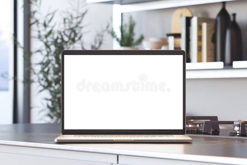 Κλείστε επάνω του lap-top με την κενή άσπρη οθόνη στον πίνακα στο σύγχρονο εσωτερικό κουζινών r διανυσματική απεικόνιση Κλείστε επάνω του lap-top με την κενή άσπρη οθόνη στον πίνακα στο σύγχρονο εσωτερικό κουζινών r διανυσματική απεικόνιση