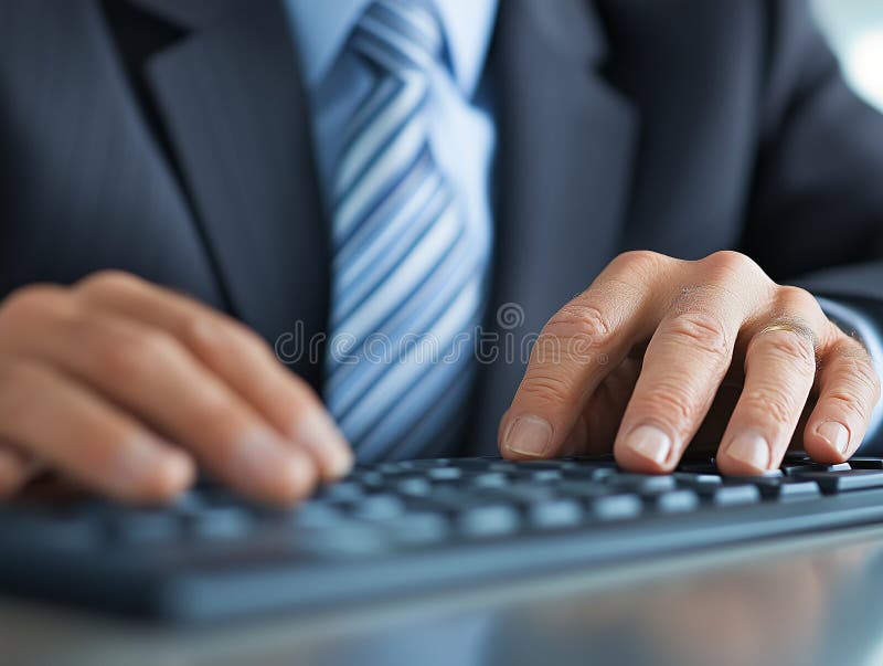 Κλείστε τα χέρια ενός επαγγελματία που πληκτρολογεί στο πληκτρολόγιο σε σύγχρονο γραφείο διανυσματική απεικόνιση