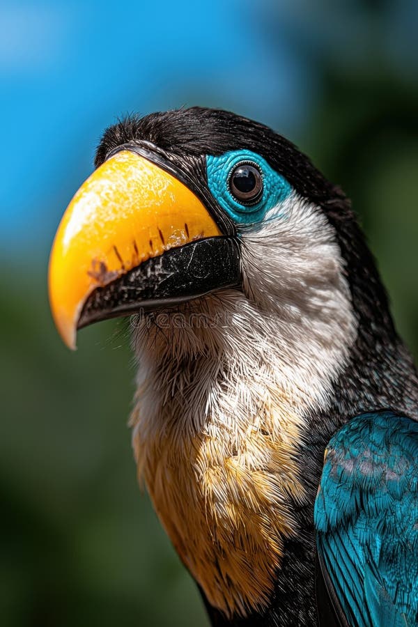 κλειστό πορτρέτο ενός πολύχρωμου toucan με έντονο μπλε μάτι και μεγάλο κίτρινο ράμφος. απεικόνιση αποθεμάτων