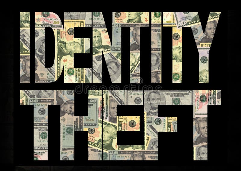 Identity theft text with American dollars background. Identity theft text with American dollars background