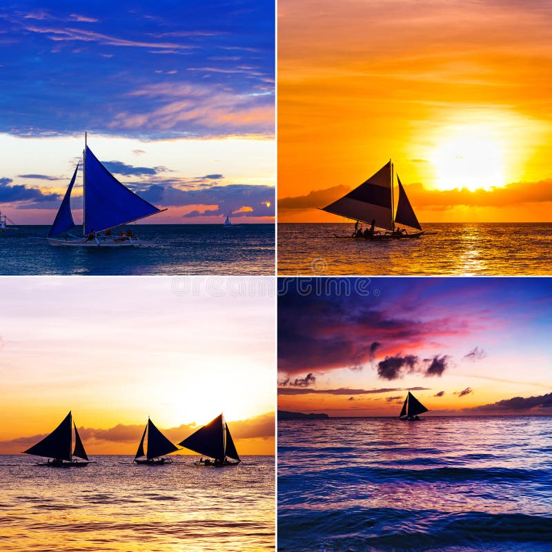 Κολάζ των τετράγωών εικόνων με sailboats και την τροπική θάλασσα στοκ φωτογραφία με δικαίωμα ελεύθερης χρήσης