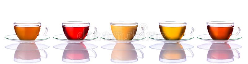 Tea cups in collage with different types of tea isolated on white background. Tea cups in collage with different types of tea isolated on white background