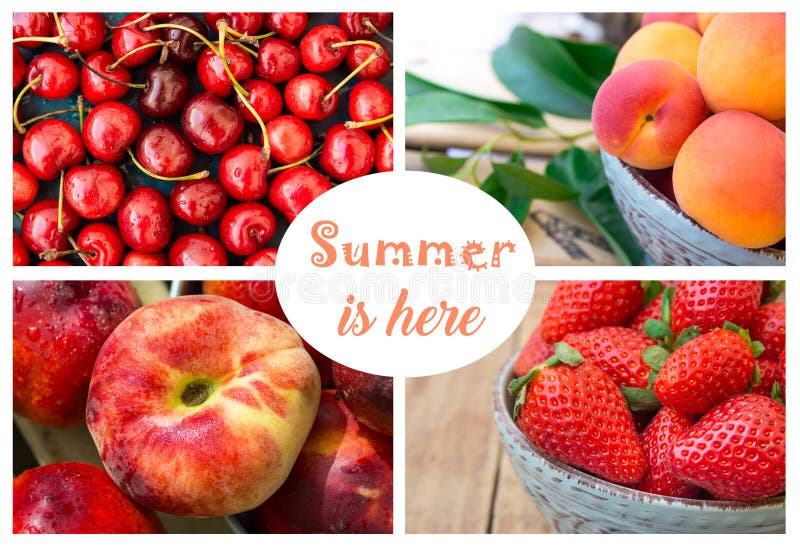 Photo collage, summer berries and fruits, strawberries, sweet cherries with water drops, ripe organic apricots, saturn peach and nectarines, sticker with lettering, text ready. Photo collage, summer berries and fruits, strawberries, sweet cherries with water drops, ripe organic apricots, saturn peach and nectarines, sticker with lettering, text ready