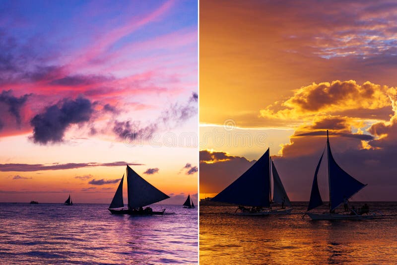 Κολάζ δύο κάθετων εικόνων με sailboats στο ηλιοβασίλεμα στοκ εικόνες