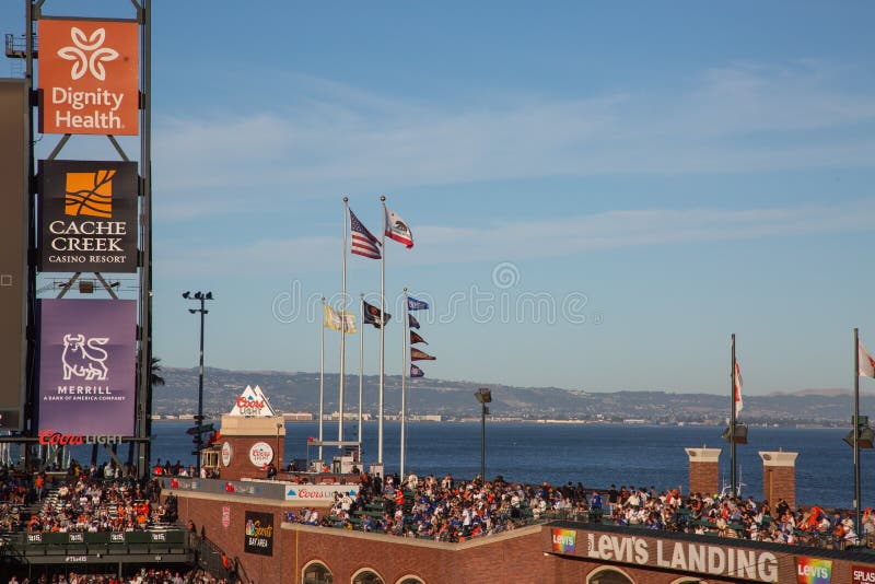 The San Francisco Bay lies directly beyond the rightfield wall at Oracle Park, home of the San Francisco Giants Major League Baseball team. The San Francisco Bay lies directly beyond the rightfield wall at Oracle Park, home of the San Francisco Giants Major League Baseball team.