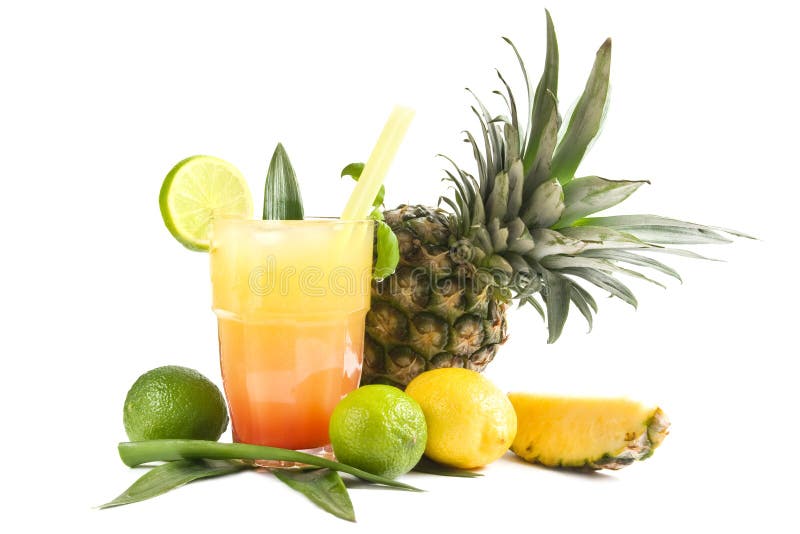 Glass of ice cold tropical cocktail decorated with pineapple, limes and lemons isolated on white. Glass of ice cold tropical cocktail decorated with pineapple, limes and lemons isolated on white.