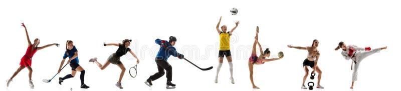 κολάζ αθλητικών. τένις βόλεϊ γυμναστική φλωρόμπαλα καλλιτεχνικό πατινάζ χόκεϊ γυμναστική τάε κβο ντο στοκ εικόνα