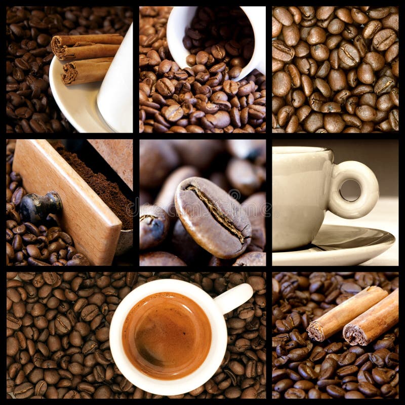 A collage of nine photos of coffee theme. A collage of nine photos of coffee theme