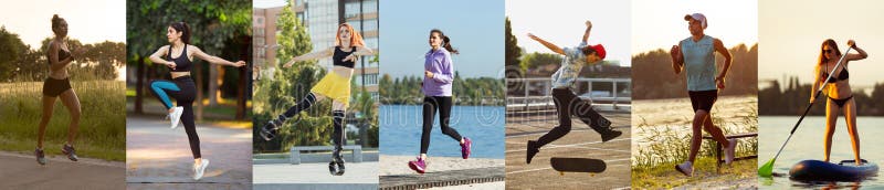 κολάζ σχετικά με τους κατάλληλους άνδρες και γυναίκες στην εκπαίδευση γυμναστικής σε εξωτερικό χώρο. αθλητική εκπαίδευση αθλητική στοκ εικόνες