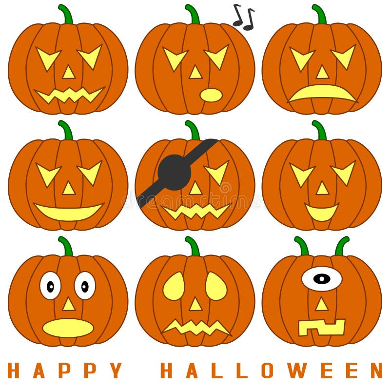 Collection of nine funny Halloween pumpkins isolated on white background. Useful also as greetings card. Eps file available. Collection of nine funny Halloween pumpkins isolated on white background. Useful also as greetings card. Eps file available.