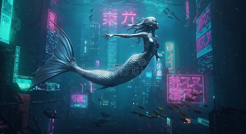 Κολύμβηση γοργόνας στο Cyberpunk Cityscape με Neon Light απεικόνιση αποθεμάτων