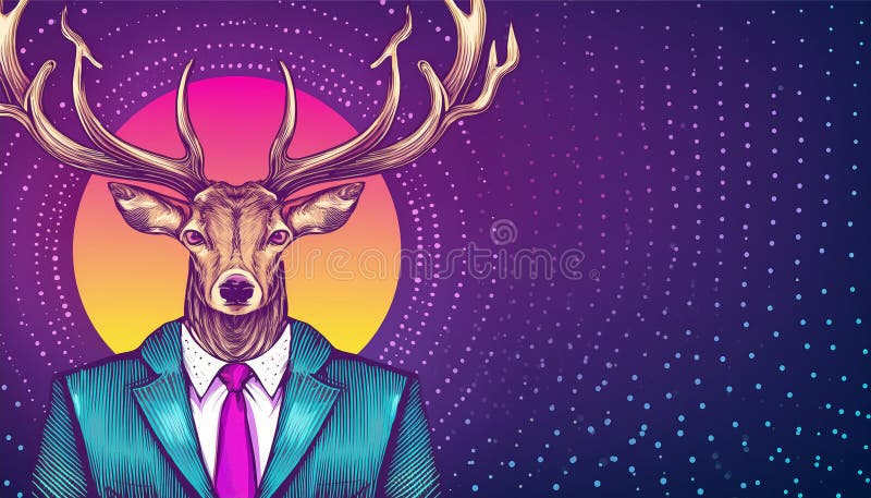 Illustration of an anthropomorphic deers dressed in a stylish suit against a vibrant cosmic backdrop. Illustration of an anthropomorphic deers dressed in a stylish suit against a vibrant cosmic backdrop