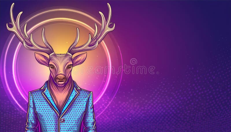 Illustration of an anthropomorphic deers dressed in a stylish suit against a vibrant cosmic backdrop. Illustration of an anthropomorphic deers dressed in a stylish suit against a vibrant cosmic backdrop