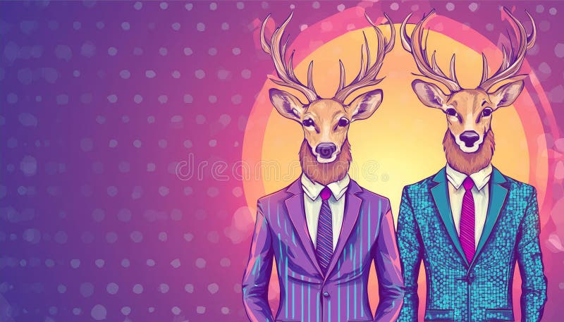 Illustration of an anthropomorphic deers dressed in a stylish suit against a vibrant cosmic backdrop. Illustration of an anthropomorphic deers dressed in a stylish suit against a vibrant cosmic backdrop