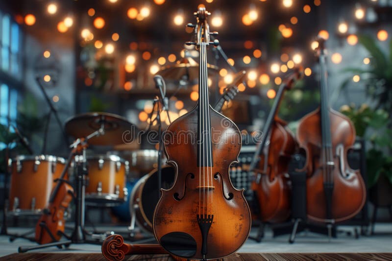 A classic violin in the forefront with a cello and drums set against a backdrop of warm stage lights. AI generated. A classic violin in the forefront with a cello and drums set against a backdrop of warm stage lights. AI generated